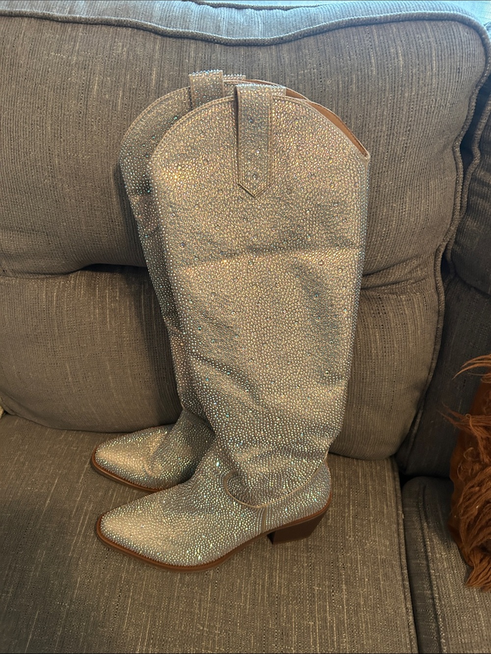 Sparkling Rhinestone Knee-High Western Boots - Silver
